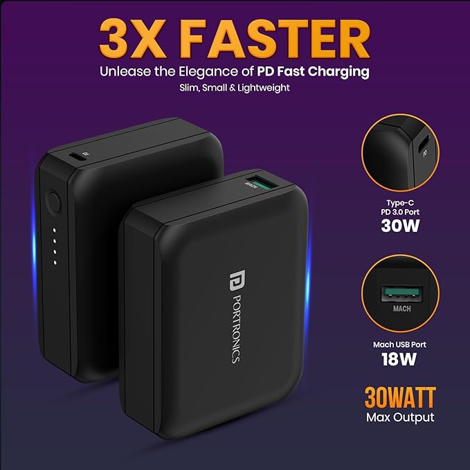 Portronics PowerPulse 30 Advanced 10000 mAh Smallest Power Bank(Black)