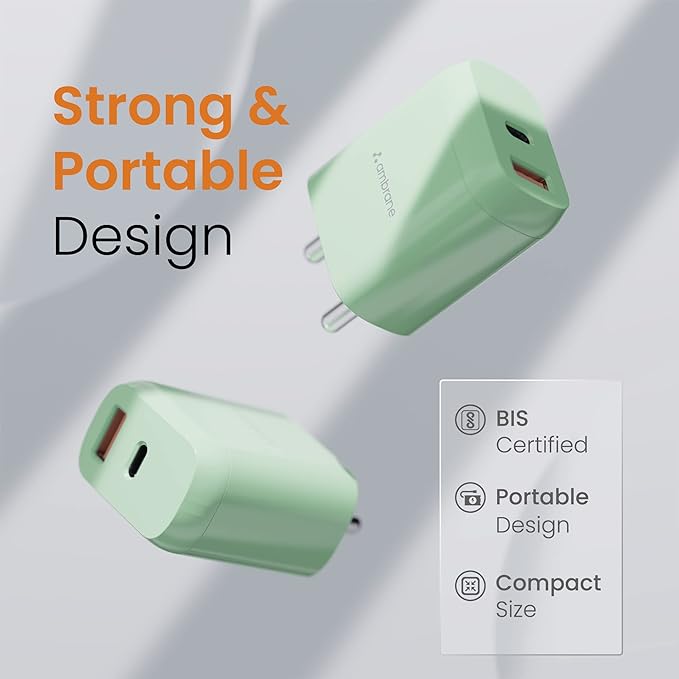 Ambrane 20W Dual Output Fast Charger Adapter with QC & PD Technology for iPhone, Android & Other Devices (RAAP H11, Green)